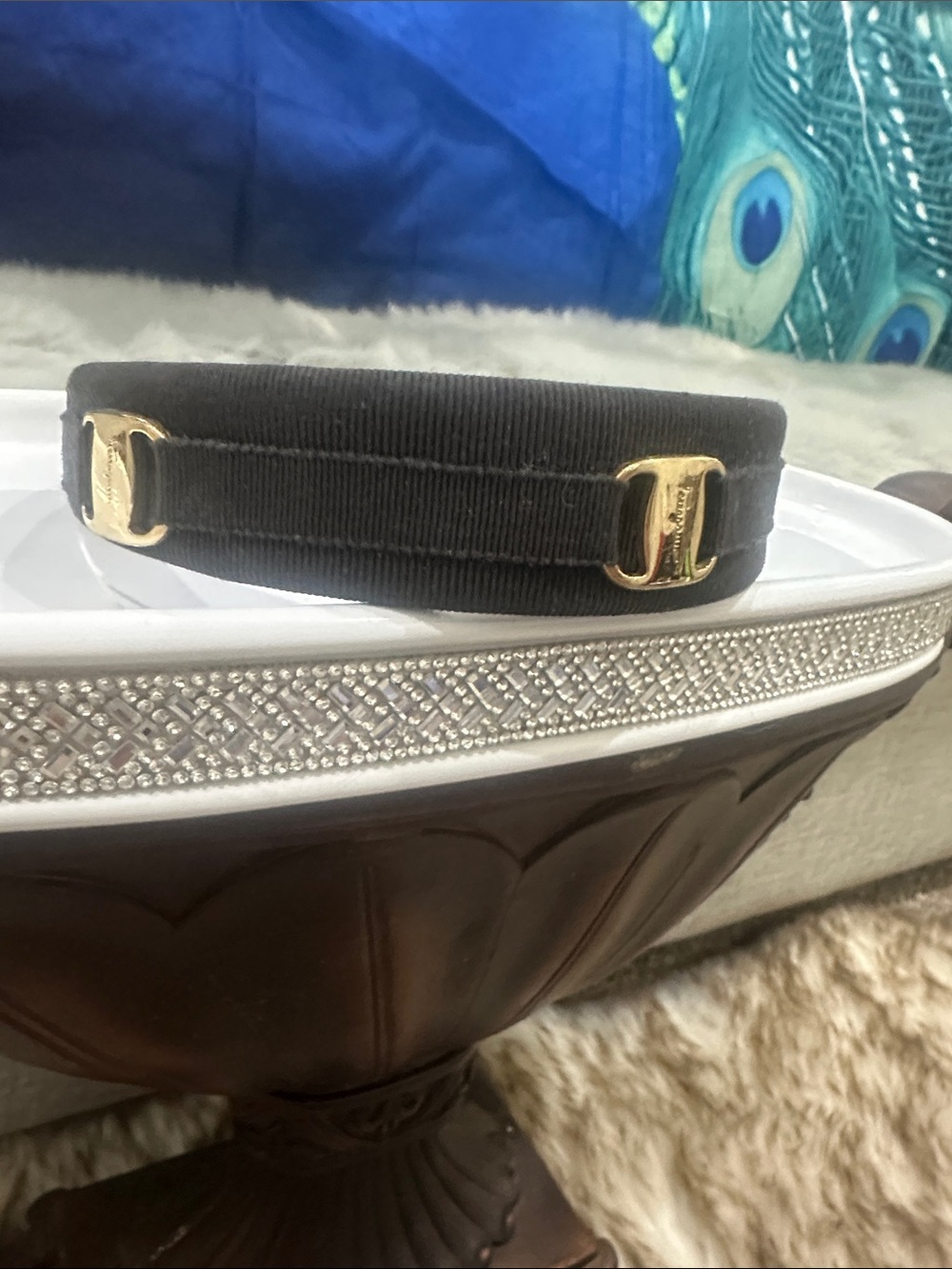SALVATORE FERRAGAMO Black Fabric Headband with Gold Gancini Accents W/ FERRAGAMO